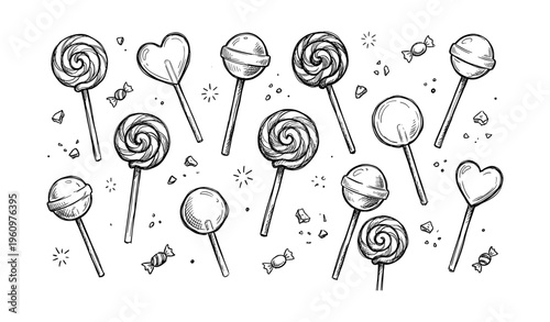 Assorted hand-drawn lollipops and candies in various shapes on white background