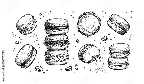 Hand-drawn french macarons and pastries with crumbs on white background