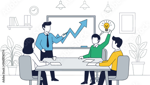 Business team brainstorming meeting in minimalist line art style with blue and green colors in flat design for marketing materials