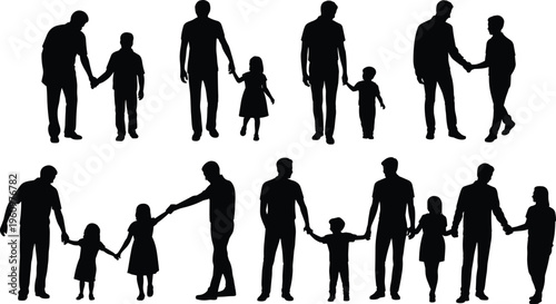Family silhouettes, parent child figures, caring relationships poses, flat vector illustration