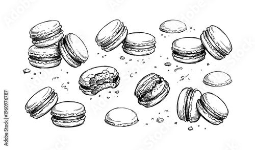 Hand-drawn macarons sketch on white background with crumbs and textured details