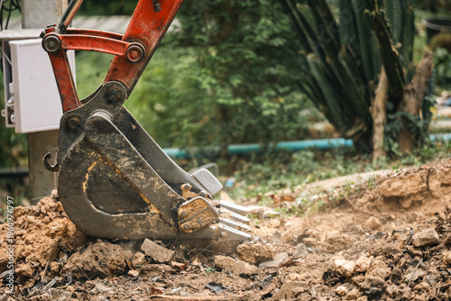Excavator construction machinery dig earth soil bucket metal outdoor work lineated barbet bird watch worker feed cable near nest and chick safe from vibration and dust during excavation activity