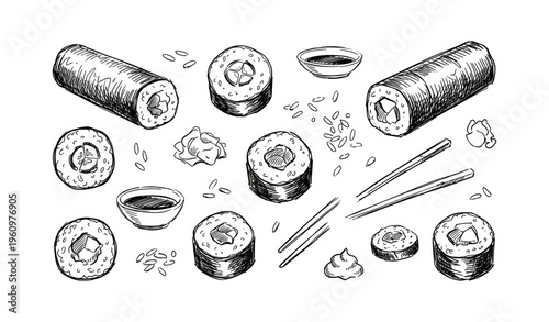Hand-drawn sushi rolls and chopsticks with soy sauce on white background