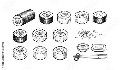 Hand-drawn sushi roll variations with rice and chopsticks