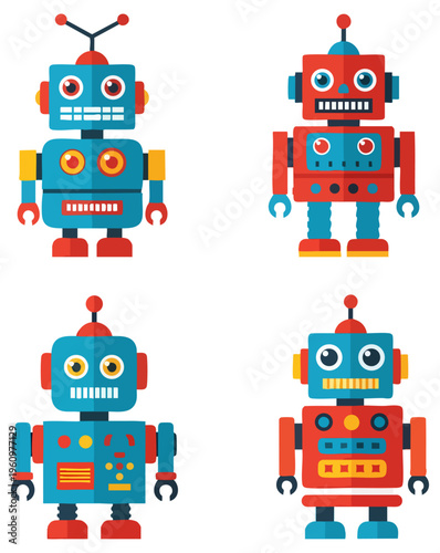 Four Retro Flat Design Robot Characters for Tech and Fun Projects