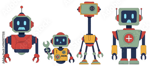 Set of Four Colorful Retro Robots and Droids Character Illustrations