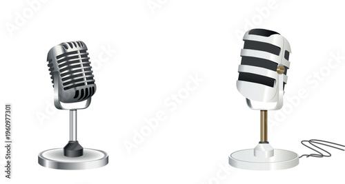 Podcast Vintage Microphone radio logo design. 3D silver microphone on golden and white stand. Vintage studio and concert equipment. Podcasting symbol. Vector illustration