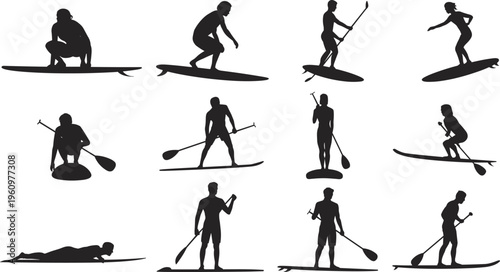 Surfing silhouettes, paddleboarding figures, water sports poses, flat vector illustration