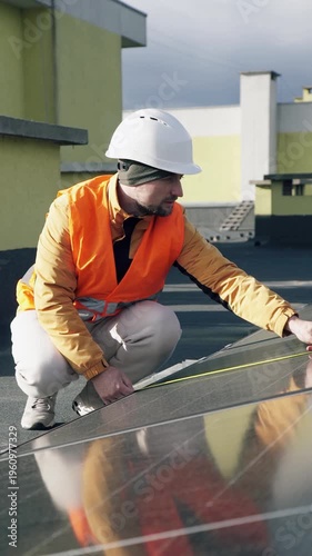 Engineer in safety helmet and reflective vest measuring solar panels on rooftop with measuring tape. Concept of renewable energy, sustainable technology, and solar power installation. Vertical video.