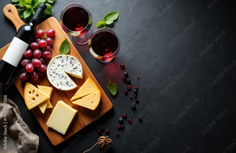 Fototapeta premium Assortment of cheeses and grapes with red wine. Wooden board with assorted cheese and bottle of red wine. Two glasses filled with red wine and berries.