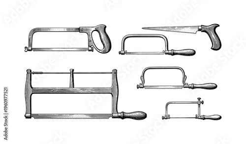Vintage hand tools collection with hacksaw and bow saw illustrations