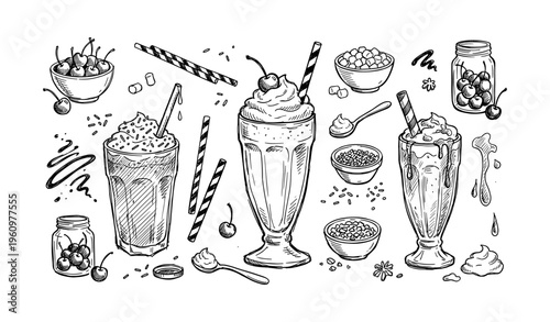 Hand-drawn milkshake illustrations with toppings and straws