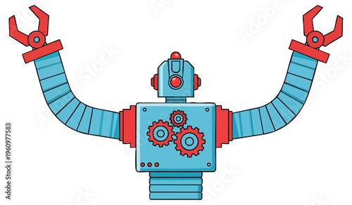 Vintage Blue Robot with Flexible Arms and Mechanical Claws Vector