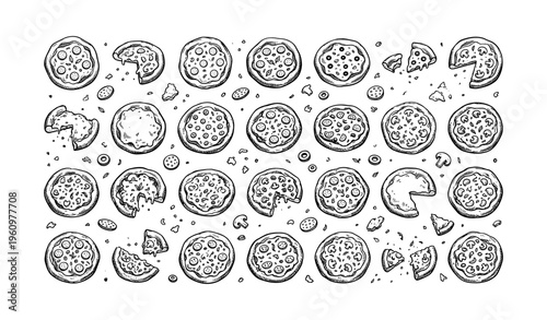 Hand-drawn assortment of various cookie types with crumbs on white background