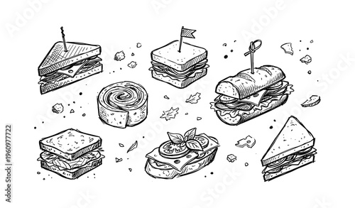 Hand-drawn sandwich collection with various bread and fillings