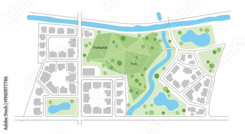 Top View Illustration of an Urban City Map with Residential Neighborhood, Green Parklands, River, and Suburban Infrastructure Layout