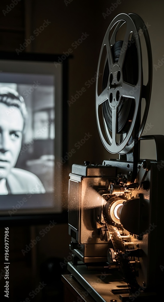 Fototapeta premium Vintage Film Projector Displaying Classic Movie Scene.