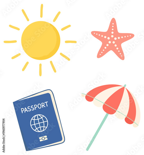 Summer Travel Icons Set with Sun Starfish Passport and Beach Umbrella