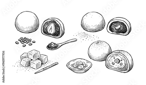Hand-drawn japanese mochi and red bean desserts in black and white