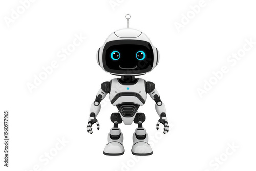 Cute smiling friendly robot standing on transparent background