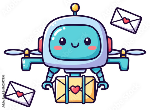 Kawaii Flying Robot Drone Delivering Love Letter Box with Hearts