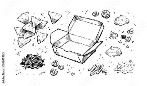 Sketch of nachos with open box and various toppings