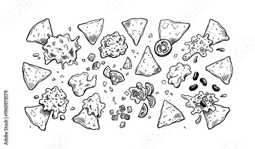 Hand-drawn nachos with cheese, tomato, beans, and salsa sauce