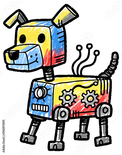Colorful Hand Drawn Crayon Style Robot Dog Vector Illustration