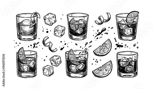 Illustrative varieties of cocktails with glasses, ice cubes, and citrus garnishes
