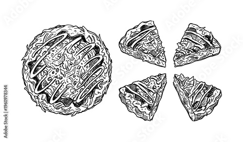 Hand-drawn baked pastry with icing topping and sliced pieces illustration