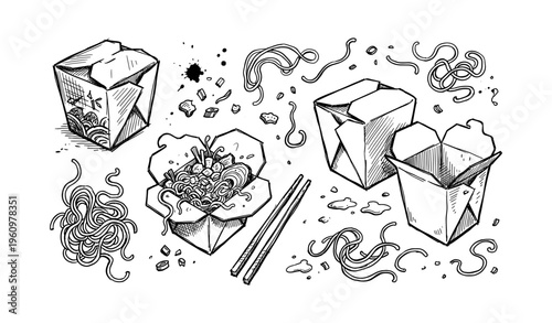 Hand-drawn chinese takeout boxes and noodles sketch with chopsticks