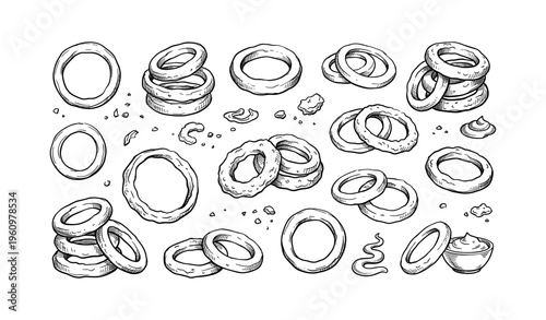 Hand-drawn onion rings with dipping sauce on white background