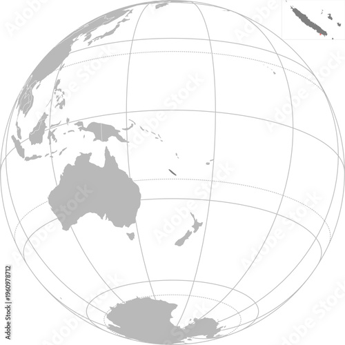 World vector map with country boundaries and graticules (New Caledonia centered view, orthographic projection, PPT-compatible & fully editable)	
