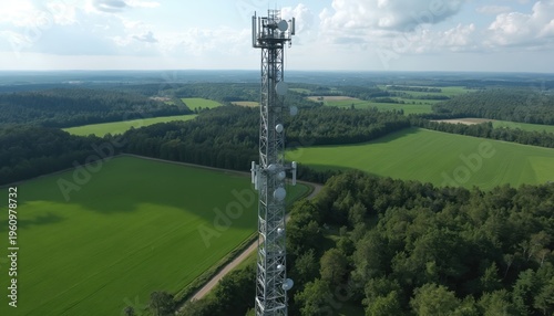 Tall steel tower with antennas transmits wireless signals across green fields, forests. Cell site infrastructure provides mobile phone coverage for rural areas, farmland. Broadcast service extends