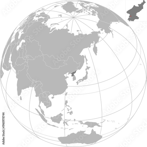 World vector map with country boundaries and graticules (North Korea centered view, orthographic projection, PPT-compatible & fully editable)	
