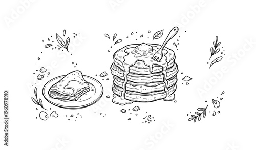 Illustration of pancakes with butter and syrup and a plate of crepes