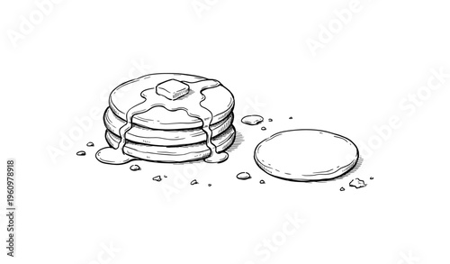 Sketch of pancakes with butter and syrup on a stack with a biscuit on the side