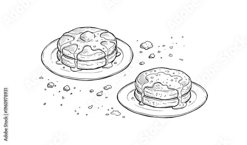 Sketch of pancakes with syrup on plates with crumbs