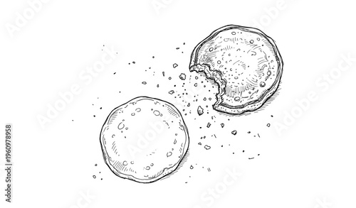 Hand-drawn black and white cookie with crumbs
