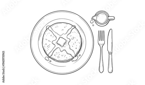 Stack of pancakes with syrup and butter illustrative line drawing with cutlery