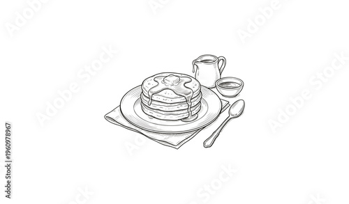 Hand-drawn pancakes with syrup and butter on plate with utensils