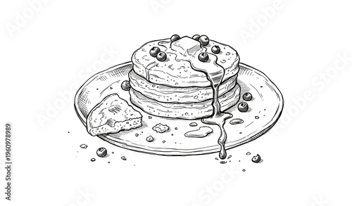 Hand-drawn pancakes with blueberries and syrup dripping on a plate