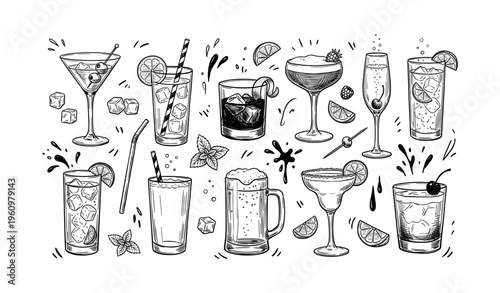 Hand-drawn assorted cocktail glasses with ice and garnishes