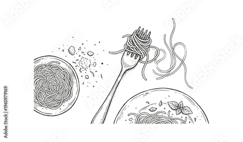 Hand-drawn spaghetti scene with fork on white background