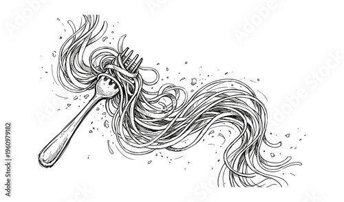 Artistic fork with intricately drawn flowing pasta and herbs
