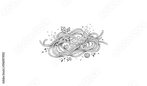 Black and white spaghetti drawing with basil and tomato