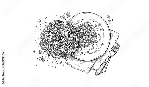 Hand-drawn spaghetti on plate with fork and napkin
