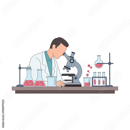 Scientist examining sample under microscope in laboratory with glassware