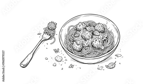 Black and white illustration of spaghetti with meatballs and fork