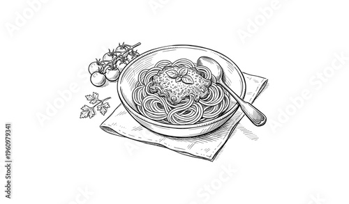 Hand-drawn bowl of spaghetti with tomato sauce and basil on cloth napkin